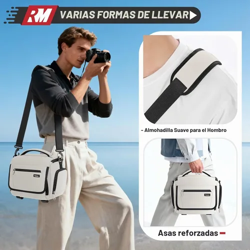 Vista 6 de RAINSMORE - Bolsa para cámara, estuche para cámara SLR/DSLR/sin espejo con divisor, soporte para trípode, bolsa cruzada impermeable digital