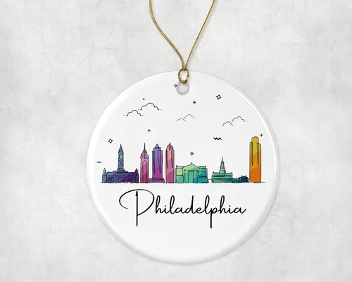 Vista 3 de Adorno de la ciudad de Filadelfia, adorno de Navidad de la ciudad de Filadelfia, adorno de Navidad de puntos de referencia, gráfico colorido