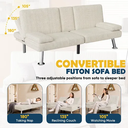 Vista 6 de Furmax Sofá cama futón, futón ajustable para sala de estar (pana, beige)