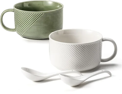 Vista 7 de Tazón de sopa de cerámica con asa, 38 oz apto para microondas Verde guisante