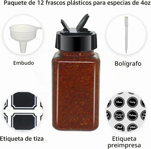 Vista 5 de Paquete de 12 tarros de especias de plástico transparente de 4 onzas con tapas de plástico negro, botellas cuadradas de especias, recipientes