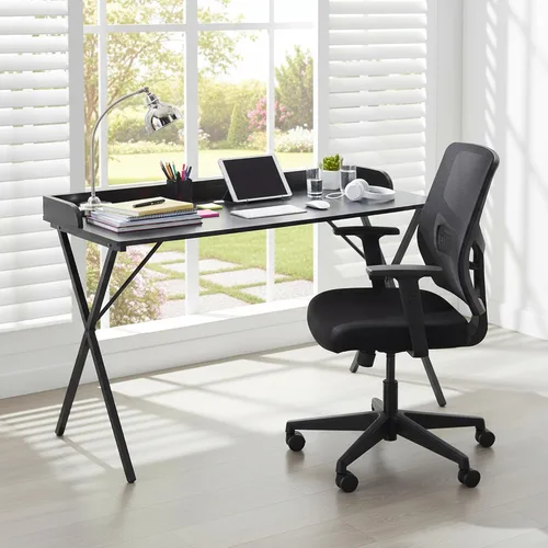 Vista 2 de FurnitureR Escritorio de oficina en casa con deflector, escritorio de estudio de computadora de 47.2 pulgadas con patas de metal en forma de X, mesa