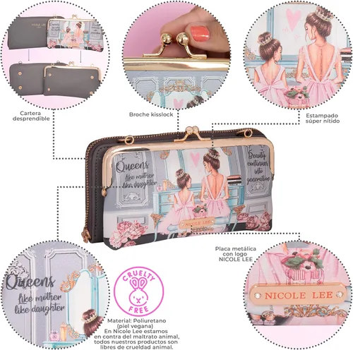 Vista 2 de Nicole Lee Cartera cruzada plegable con estampado de moda de 2 piezas, piel vegana, correa cruzada extraíble, Double Queens, Declaración