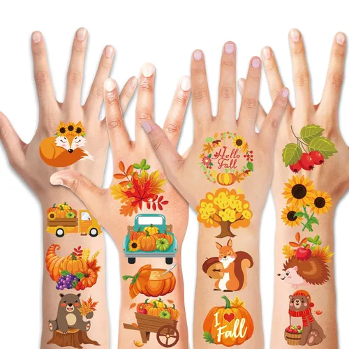 Vista 2 de HOWAF 96 tatuajes temporales de otoño, 48 estilos de cosecha de otoño, calcomanías de tatuajes temporales para niños, tatuajes falsos de Acción