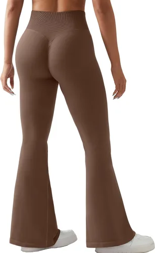 Vista 4 de RUUHEE Pantalones de yoga cruzados acanalados para mujer con bolsillos, cintura alta, acampanados, leggings acampanados