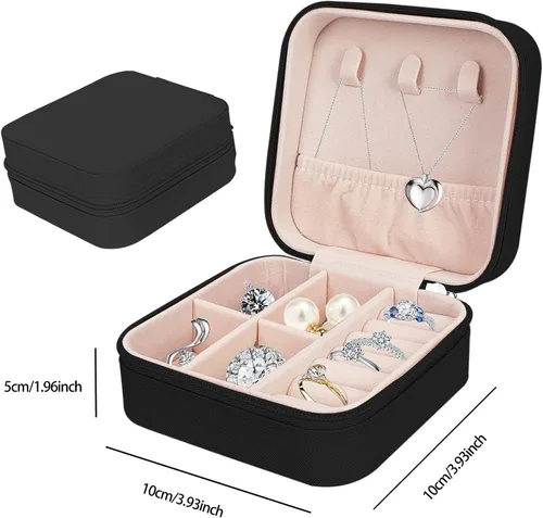 Vista 3 de Organizador de joyas pequeño, joyero de viaje, portátil, anillos, aretes, collares, vitrina, cajas de joyería para mujeres y niñas, color negro