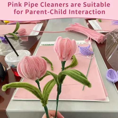 Vista 6 de 600 limpiadores de tuberías rosas para manualidades, tallos de felpilla
