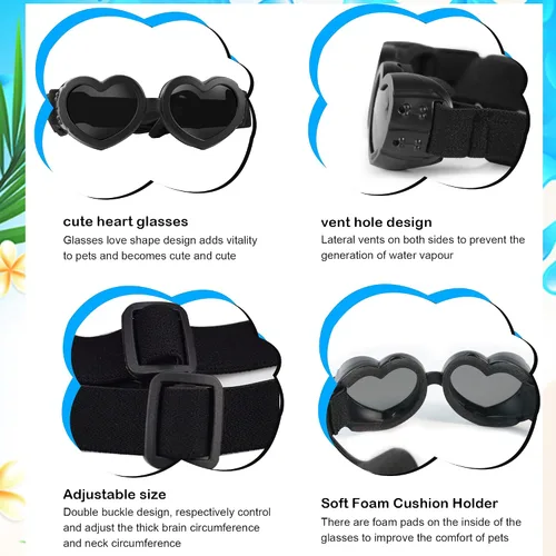 Vista 6 de Gafas de sol para perros de raza pequeña, protección UV con correa ajustable, gafas en forma de corazón para impermeables, resistentes al viento