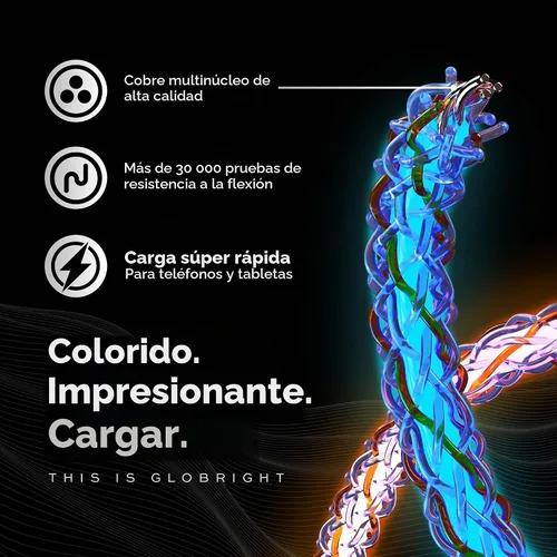 Vista 2 de Cable de Carga Iluminado Statik - Cable de Carga LED Trenzado GloBright, Cable de Carga 100W Iluminado Super Rápido, Transferencia de Datos, Cable