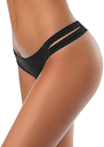 Vista 3 de SHEKINI Parte inferior de bikini con tiras de tiro bajo, tanga brasileña sexy para mujer