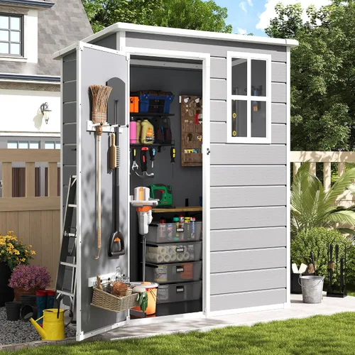 Vista 12 de Amopatio Cobertizo de almacenamiento para exteriores con piso, cobertizo de plástico con cerradura de 5 x 3 pies con ventilación, cobertizos