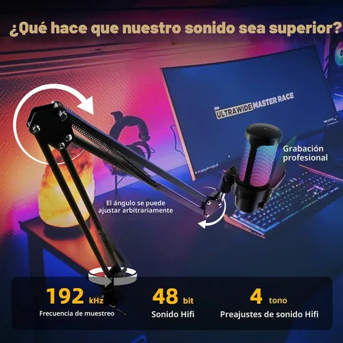 Vista 5 de VCOM Micrófono USB para juegos, micrófono de brazo dinámico de condensador para podcasting, transmisión, con soporte de brazo de brazo, silencio