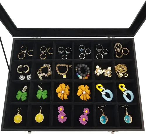 Vista 3 de Joyero de 24 rejillas extraíbles para aretes y anillos, caja organizadora con tapa transparente para mujeres y esposas (negro)