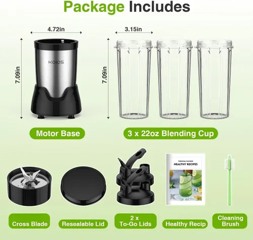 Vista 8 de KOIOS Licuadora para Batidos, Licuadora Personal para Batidos y Smoothies con 3 * 22oz Vasos Para Llevar, Batidora de Smoothies de 22000 RPM