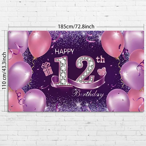 Vista 2 de Decoraciones de fiesta de cumpleaños, pancarta grande de tela de feliz 12 aniversario, fondo de cabina de fotos rosa y morado con cuerda para fiesta