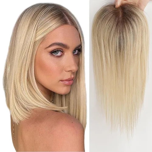 Vista 2 de EMMOR Toppers de cabello humano Remy para mujer, 100% 3.5 x 4 pulgadas atados a mano con base de encaje suizo de 12 pulgadas