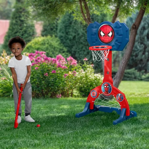 Vista 5 de Delta Children Marvel Spider Man Centro Deportivo 4 en 1 – Aro de Baloncesto Ajustable Easy Score, Red de Fútbol/Hockey y Juego de Golf, Rojo/Azul