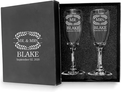 Vista 7 de Juego de 2 copas de champán personalizadas para boda grabadas con caja - Bride & Groom's Wedding Toast