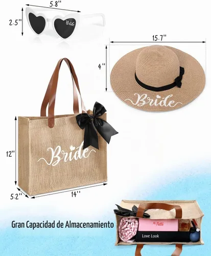 Vista 5 de Percozzi Wifey Bride Tote Bag Sun Hat Glasses Set Bride-To-Be Shower Gift Honeymoon Jute Bag Kit