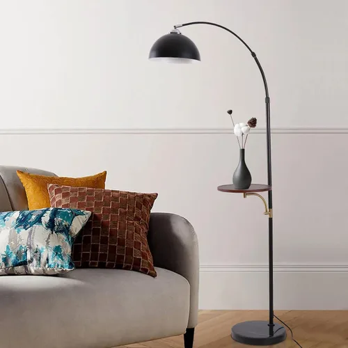 Vista 6 de Lámpara de pie industrial con mesa de madera, moderna lámpara de pie de arco negro para sala de estar, lámpara de poste de pie con base de mármol