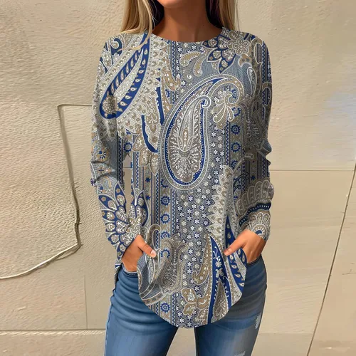 Vista 4 de Fall Outfits for Women Printing Round Neck Pullover Tops Long Sleeve Hide Belly Outfits Casual Loose T Shirt