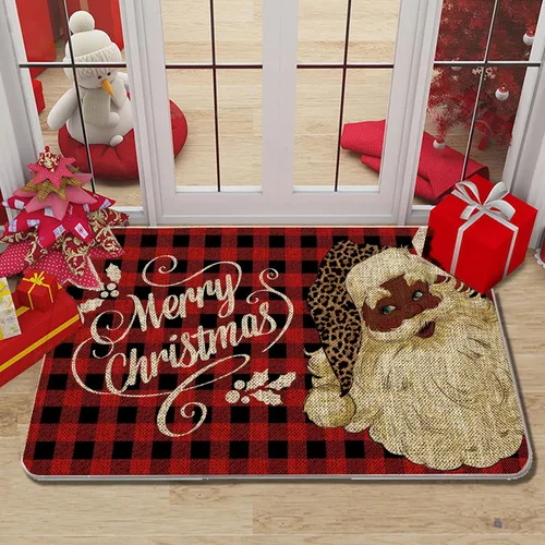 Vista 4 de GAGEC Tapete de Navidad para exteriores, tapete negro de Papá Noel, tapete de entrada a cuadros rojos afroamericanos, decoración de casa de campo