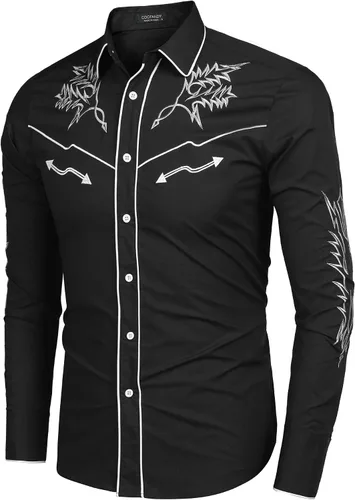Vista 3 de COOFANDY Camisa vaquera occidental bordada de manga larga de algodón casual con botones para hombre