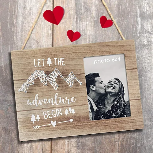 Vista 3 de VILIGHT Regalos para novios y novias – Regalos de felicitación para parejas recién comprometidas – Let The Adventure Begin Marco de fotos rústico