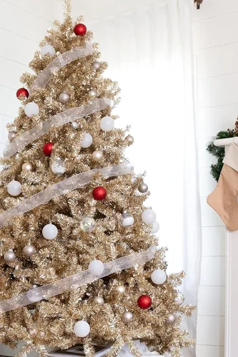 Vista 2 de Perfect Holiday Árbol de oropel dorado metálico de 6 pies 1000 puntas, diámetro 41 pulgadas Soporte de metal blanco, PVC-6GD