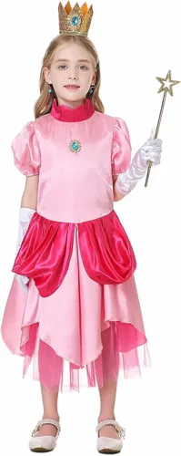 Vista 8 de Antbutler Disfraz de melocotón para niñas, vestido de durazno de súper princesa, disfraz de Halloween con corona de accesorios