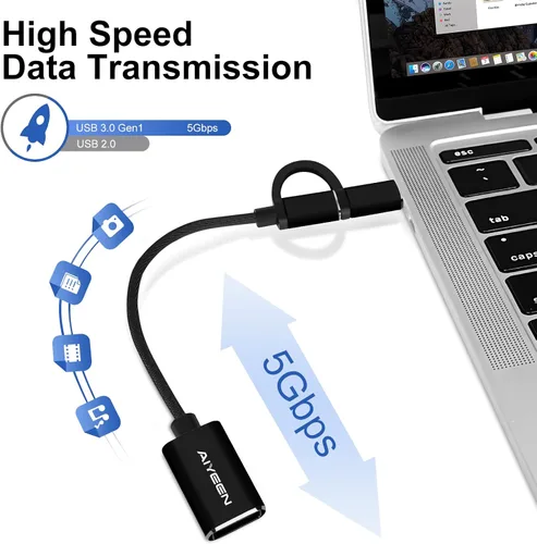 Vista 4 de Adaptador USB-C/Micro a USB, USB 3.0 2 en 1, cable adaptador OTG, compatible con MacBook Pro, Android, Google, Samsung y más, negro