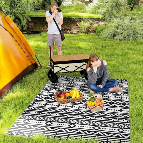 Vista 25 de Outsunny Alfombra de exterior para patio impermeable 9' x 18' rombo negro y Borde rombo negro y gris