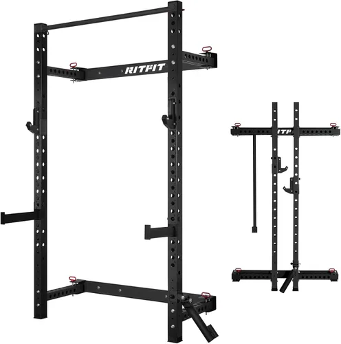Vista 8 de RitFit 2.36'' x 2.36'' Folding Squat Rack for Home Gym, Wall Mounted Squat Rack with Attachments - Space Saving Squat Power Rack Negro