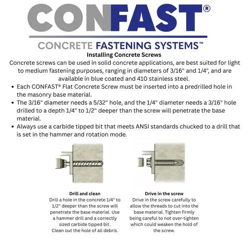 Vista 5 de CONFAST Tornillos para concreto de 1/4" x 1-3/4" de acero inoxidable 410 Phillips planos con cabeza cuadrada cóncava con broca para anclaje a