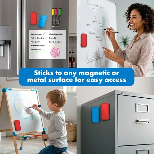 Vista 5 de SCRIBBLEDO Magnetic Dry Erase Erasers 2 Pack, Red and Blue, 2x4 Inch Whiteboard Eraser Set with Washable Soft Felt Pads, Comfortable Foam Grip Tops