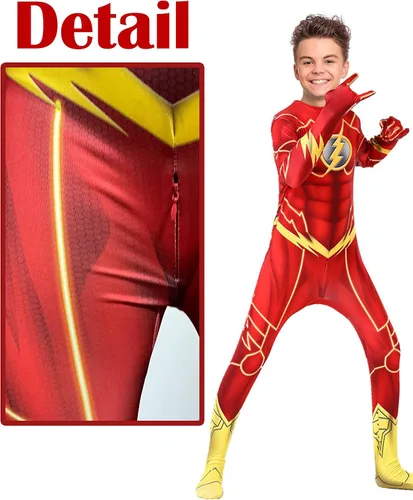 Vista 4 de Dokiory Disfraz de superhéroe rojo para niños, disfraz de superhéroe rojo para cosplay, overol para niños de 3 a 12 años