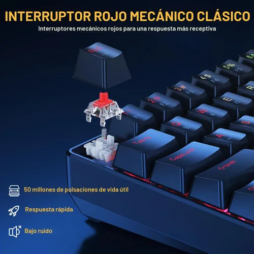 Vista 2 de BlueFinger Combo de teclado y mouse mecánicos para juegos 60% – Teclado RGB con retroiluminación arcoíris de 61 teclas con interruptor rojo y 4 DPI