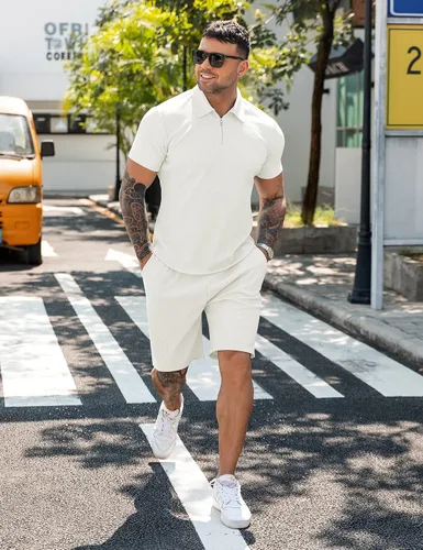 Vista 3 de URRU Conjunto de camisa polo y pantalones cortos para hombre, trajes de verano casuales de manga corta para hombre, conjunto de 2 piezas