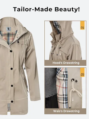 Vista 6 de SaphiRose Chaqueta larga con capucha para lluvia al aire libre para mujer, impermeable, rompevientos