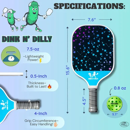 Vista 6 de Dink N' Dilly Pickleball Paddle USAPA Approved Lightweight with Cushion Grip, Ideal for All Skill Levels, Premium Quality Paddle and Balls for 2