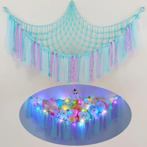 Vista 17 de FIOBEE Red de Animales de Peluche o Hamaca con Luz LED, Hamaca de Juguetes Colgante Organizador de Almacenamiento Soporte para Animales de Peluche