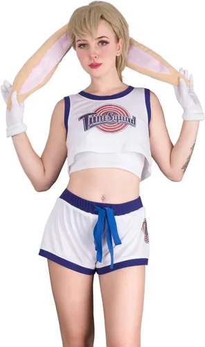 Vista 2 de Cosplay.fm Disfraz de conejito para mujer, atuendo completo con pantalones cortos, guantes de cola de conejo