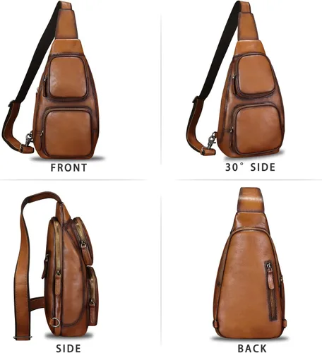 Vista 4 de LRTO Bolso de cuero genuino para hombres y mujeres, moda de cuero real, mochila bandolera de hombro, bolso cruzado de pecho