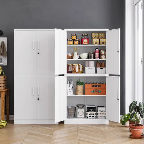 Vista 2 de MIIIKO Gabinete de almacenamiento de acero con 4 puertas, archivador de metal con cerradura, gabinete de almacenamiento de oficina blanco con 5