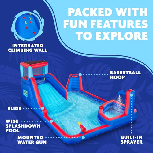 Vista 2 de Sunny & Fun - Parque inflable de cuatro esquinas, resistente para diversión al aire libre, pared de escalada, tobogán y piscina profunda, fácil