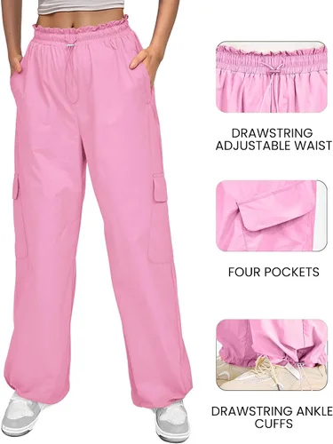 Vista 3 de KIRUNDO Pantalones cargo para mujer, cintura alta, pierna ancha, holgados Y2K, ropa urbana con cordón en los tobillos, pantalones casuales