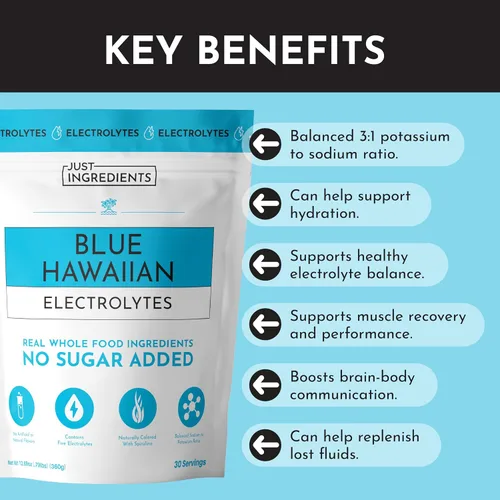 Vista 6 de Blue Hawaiian - Mezcla de bebida de electrolitos 30 porciones Agua de coco orgánica, espirulina y electrolitos de 5 llaves