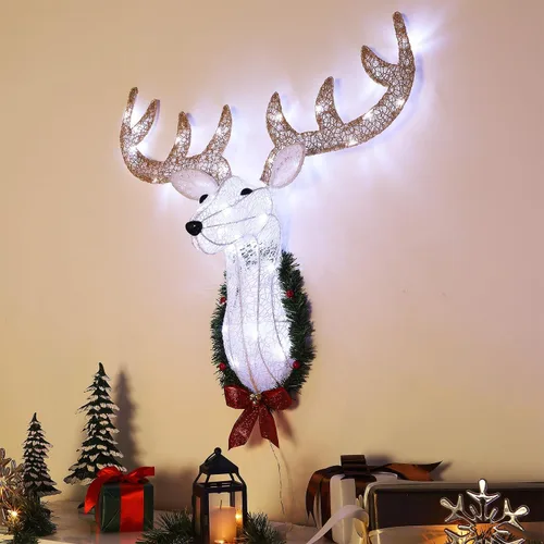Vista 7 de WATERGLIDE Cabeza de reno iluminada para decoración de pared, 28 pulgadas, corona colgante de Rudolph 3D preiluminada con pilas, 8 modos