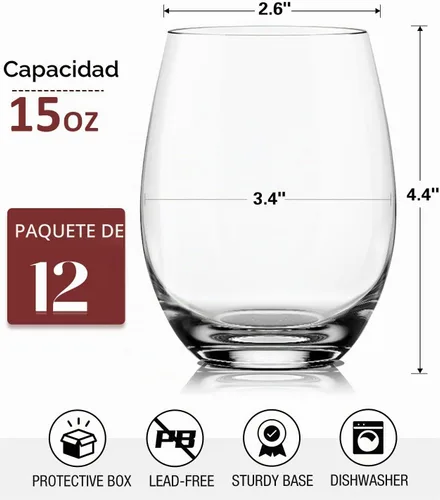Vista 2 de OJA Juego de 12 copas de vino sin tallo, 15 onzas, copas de vino tinto y blanco de cristal, sin tallo, transparentes, vaso resistente para beber