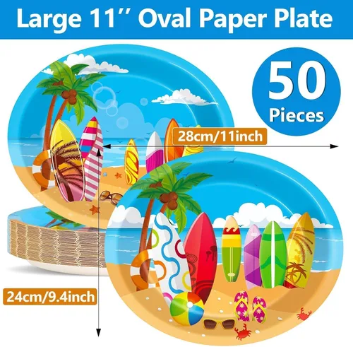 Vista 2 de Qyeahkj 50 piezas de platos de papel ovalados de surf de verano grandes de 11" para decoración de fiesta temática de playa desechable suministros